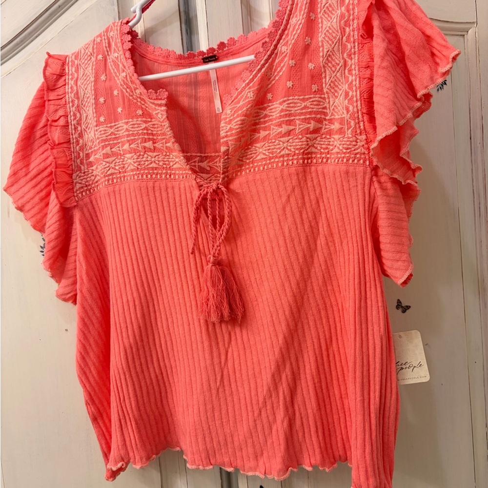 Free People Women's Ribbed Short Sleeve Embroidered Shirt